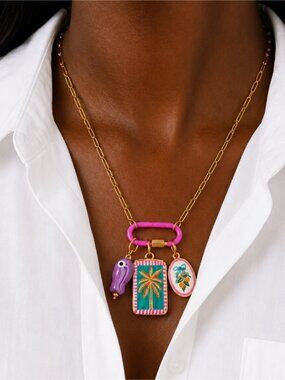 New! Coastal Pink Carabiner Palm Tree 18K Gold Plated Chain Necklace NWOT (1038)
